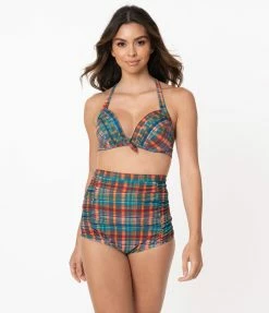 Swimwear Unique Vintage Madras Plaid Monroe Halter Swim Top