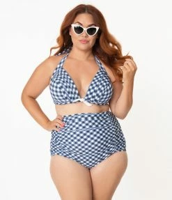 Unique Vintage Plus Size Navy & White Gingham Monroe Halter Swim Top Swimwear