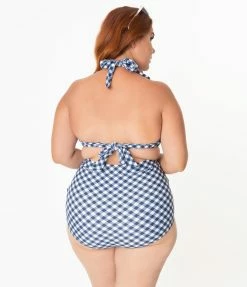 Unique Vintage Plus Size Navy & White Gingham Monroe Halter Swim Top Swimwear