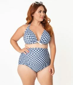 Unique Vintage Plus Size Navy & White Gingham Monroe Halter Swim Top Swimwear