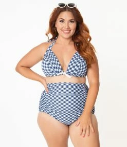 Unique Vintage Plus Size Navy & White Gingham Monroe Halter Swim Top Swimwear