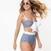 Unique Vintage Navy & White Gingham Belted Retro Redondo Swim Bottoms
