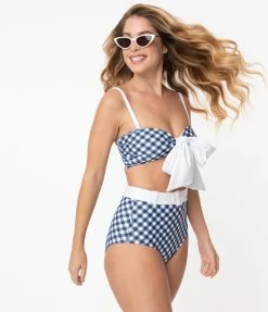 Unique Vintage Navy & White Gingham Belted Retro Redondo Swim Bottoms