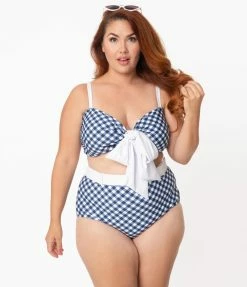 Swimwear Unique Vintage Plus Size Navy & White Gingham Belted Retro Redondo Swim Bottoms
