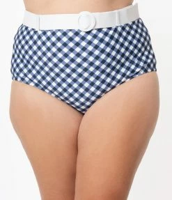 Swimwear Unique Vintage Plus Size Navy & White Gingham Belted Retro Redondo Swim Bottoms