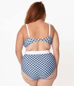Swimwear Unique Vintage Plus Size Navy & White Gingham Belted Retro Redondo Swim Bottoms
