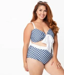 Swimwear Unique Vintage Plus Size Navy & White Gingham Belted Retro Redondo Swim Bottoms