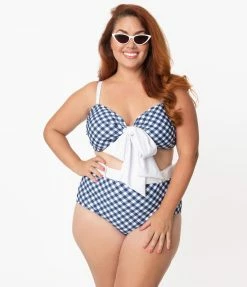 Swimwear Unique Vintage Plus Size Navy & White Gingham Belted Retro Redondo Swim Bottoms