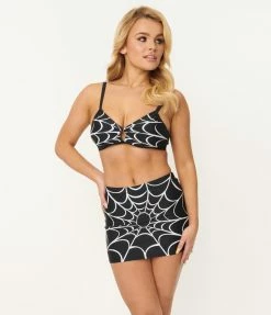 Unique Vintage Spiderweb Print Moonlight Swim Top Swimwear
