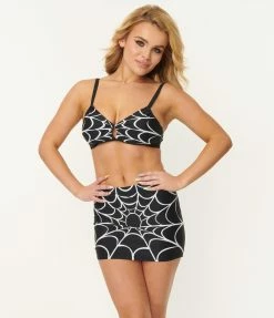 Unique Vintage Spiderweb Print Midnight Swim Skirt Swimwear