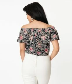 Unique Vintage Navy & Paisley Floral Eyelet Luanne Top