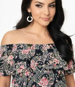 Unique Vintage Navy & Paisley Floral Eyelet Luanne Top