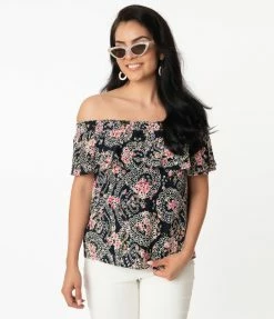 Unique Vintage Navy & Paisley Floral Eyelet Luanne Top