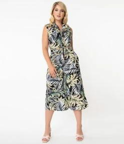 Sale Unique Vintage Black & Palm Leaf Print Wide Leg Sicily Pants