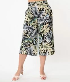 Sale Unique Vintage Black & Palm Leaf Print Wide Leg Sicily Pants