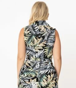 Unique Vintage Black & Palm Leaf Print Marsha Tie Top