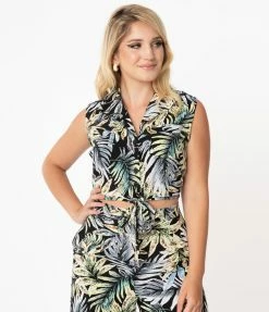 Unique Vintage Black & Palm Leaf Print Marsha Tie Top