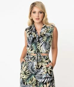 Unique Vintage Black & Palm Leaf Print Marsha Tie Top