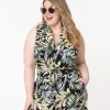 Unique Vintage Plus Size Black & Palm Leaf Print Marsha Tie Top