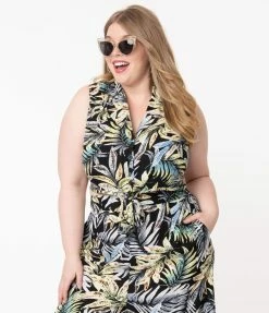 Unique Vintage Plus Size Black & Palm Leaf Print Marsha Tie Top