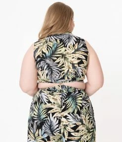 Unique Vintage Plus Size Black & Palm Leaf Print Marsha Tie Top