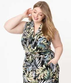 Unique Vintage Plus Size Black & Palm Leaf Print Marsha Tie Top
