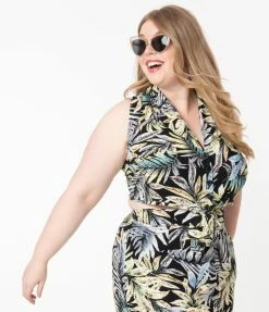 Unique Vintage Plus Size Black & Palm Leaf Print Marsha Tie Top