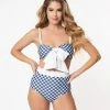 Unique Vintage Navy & White Gingham Bow Rialto Bikini Top Swimwear