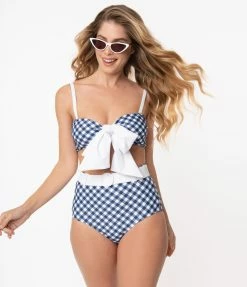 Unique Vintage Navy & White Gingham Bow Rialto Bikini Top Swimwear