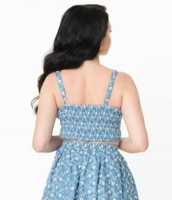 Sale Unique Vintage Chambray Floral Eyelet Chessie Crop Top
