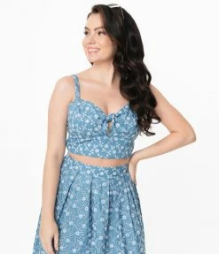 Sale Unique Vintage Chambray Floral Eyelet Chessie Crop Top