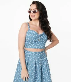 Sale Unique Vintage Chambray Floral Eyelet Chessie Crop Top