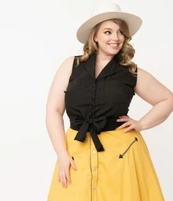 Unique Vintage Plus Size Black Tie Marsha Crop Top Sale
