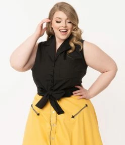 Unique Vintage Plus Size Black Tie Marsha Crop Top Sale