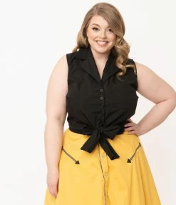 Unique Vintage Plus Size Black Tie Marsha Crop Top Sale