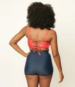 Unique Vintage Navy Blue Nautical Button Capitola Swim Shorts Swimwear