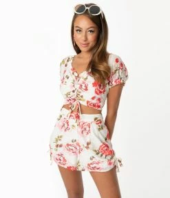 Sale Smak Parlour White & Pink Floral Luncheonette Shorts