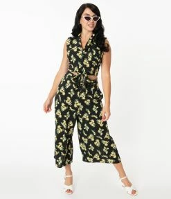 Unique Vintage Black & Lemon Print Wide Leg Sicily Pants