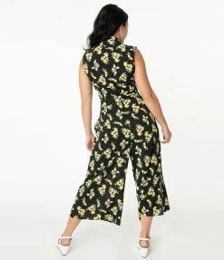 Unique Vintage Black & Lemon Print Wide Leg Sicily Pants