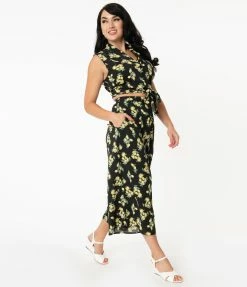 Unique Vintage Black & Lemon Print Wide Leg Sicily Pants