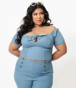 Unique Vintage Plus Size Chambray Blue Turner Crop Top