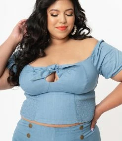 Unique Vintage Plus Size Chambray Blue Turner Crop Top