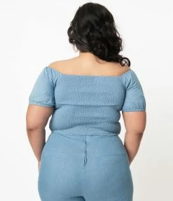 Unique Vintage Plus Size Chambray Blue Turner Crop Top