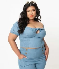 Unique Vintage Plus Size Chambray Blue Turner Crop Top