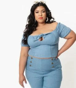 Unique Vintage Plus Size Chambray Blue Turner Crop Top