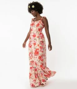Smak Parlour Peach & Pink Brushed Floral Flower Child Maxi Dress