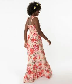 Smak Parlour Peach & Pink Brushed Floral Flower Child Maxi Dress