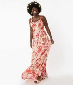 Smak Parlour Peach & Pink Brushed Floral Flower Child Maxi Dress