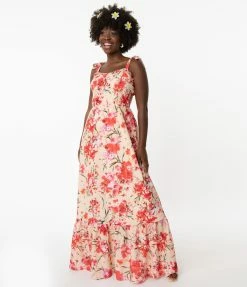 Smak Parlour Peach & Pink Brushed Floral Flower Child Maxi Dress