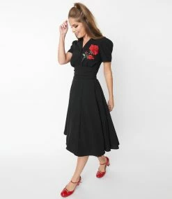 SHEEN Clothing Ltd 1950s Black & Red Rose Reema Swing Dress